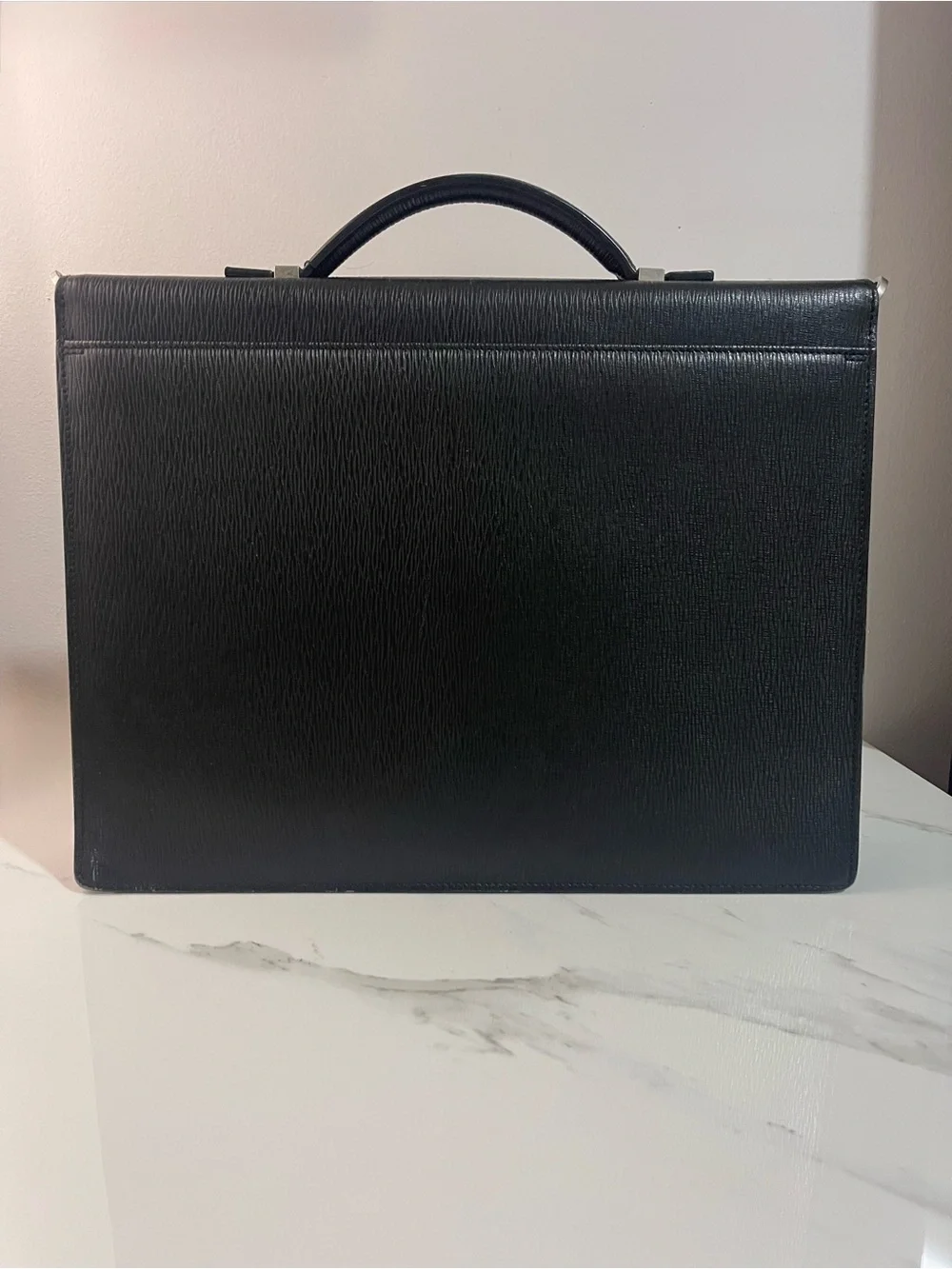 Salvatore Ferragamo Black Textured Leather Briefcase with Silver Hardware
